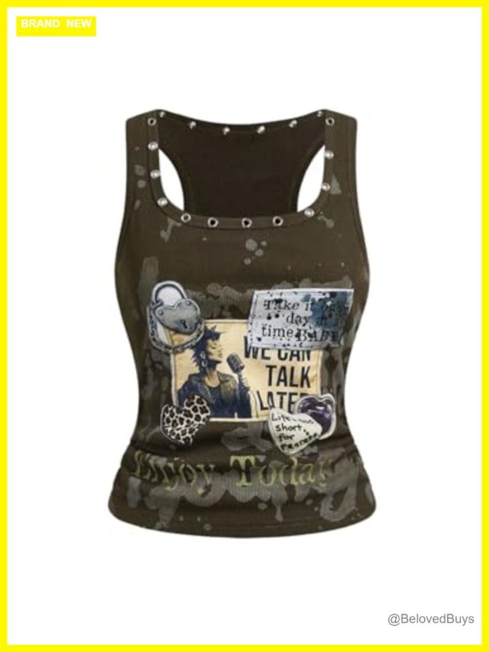 Grunge Punk Graphic Tank Top Grommet Eyelet Racerback Sleeveless
